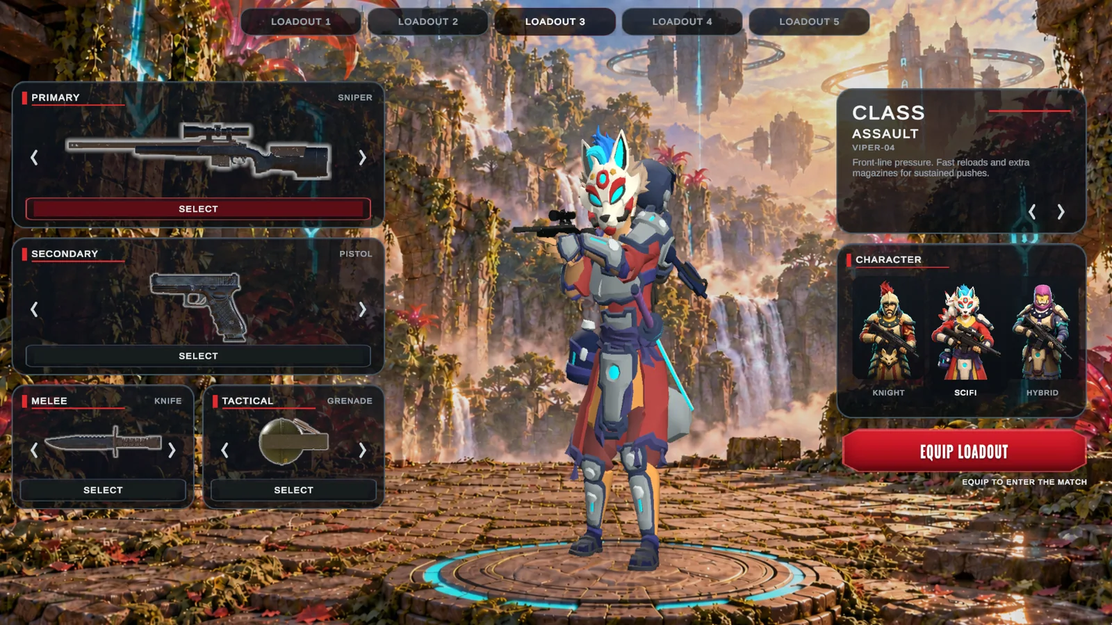 Ordnance in-game loadout screen — primary, secondary, melee and tactical slots with character and class selection