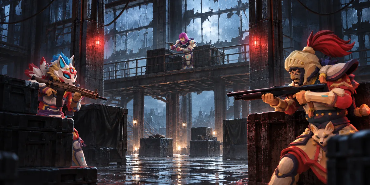 Three operators taking cover behind crates in a derelict warehouse, weapons trained on each other
