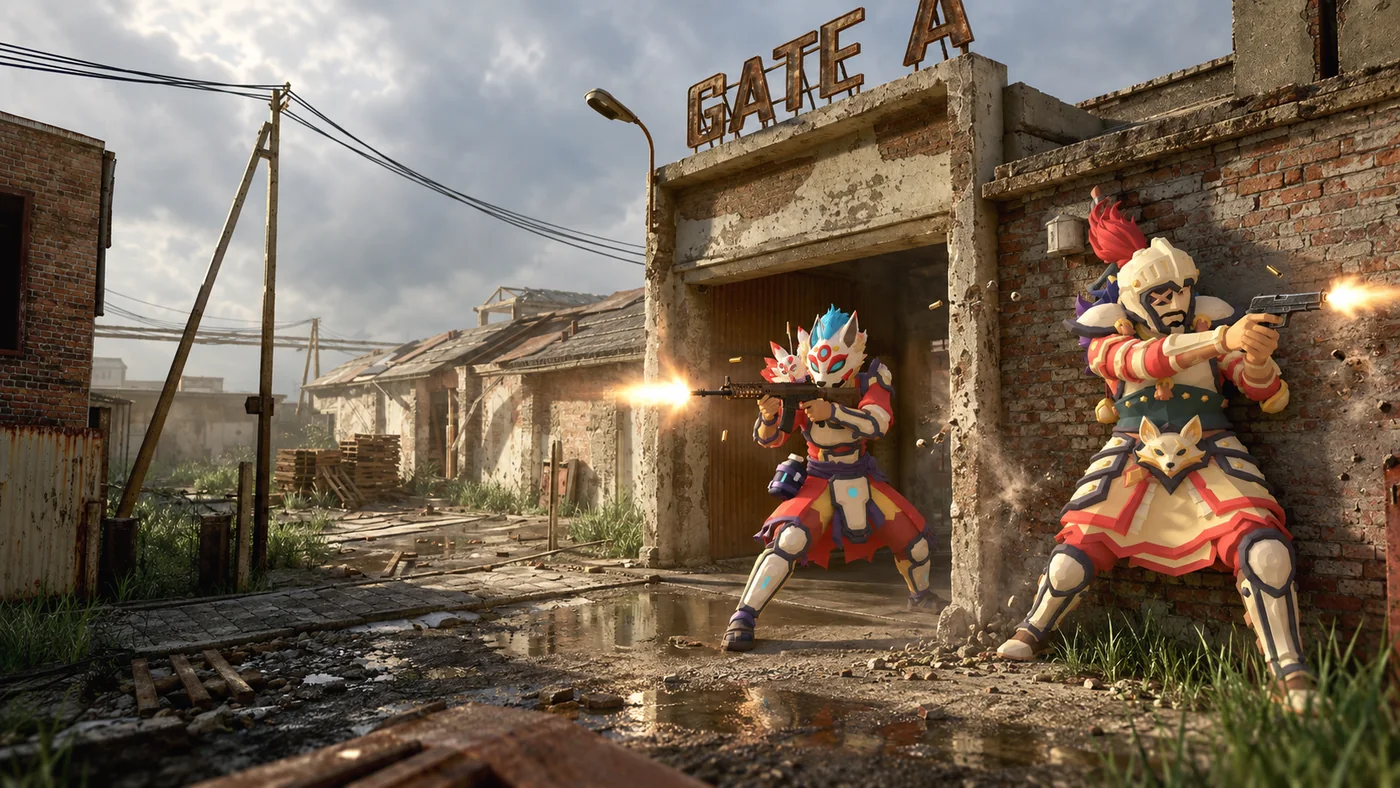 Two Ordnance operators laying down fire at a ruined depot gate