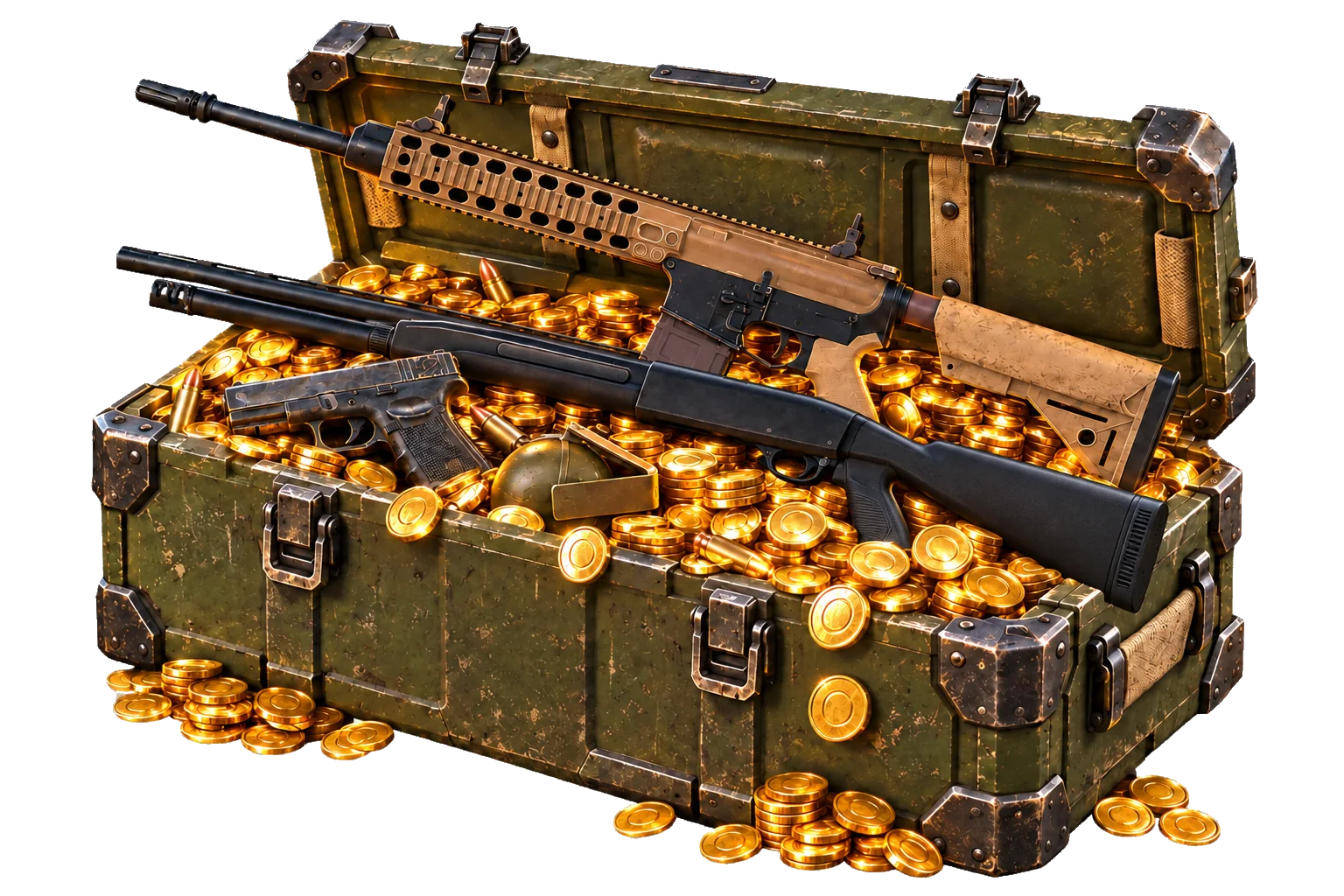 The Ordnance War Chest — an ammo crate filled with gold, rifle, shotgun and pistol